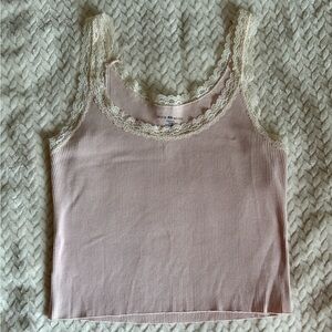 Brandy Melville Coquette Pink Ribbed Lace-Trim Tank